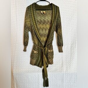 VTG Y2K BKE Buckle Green Gold Marled Belted Duster Cardigan Women’s Large